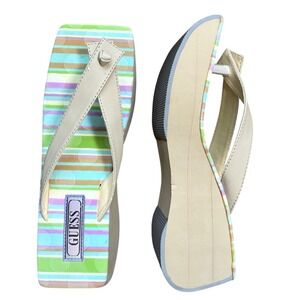 RARE Guess Vintage Y2K Platform Flip Flops Striped Wedge Sandals Beige 9